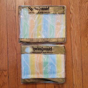 2 Vintage Springmaid No Iron Percale Twin Flat Sheets Butterfly‎ Garden Rainbow